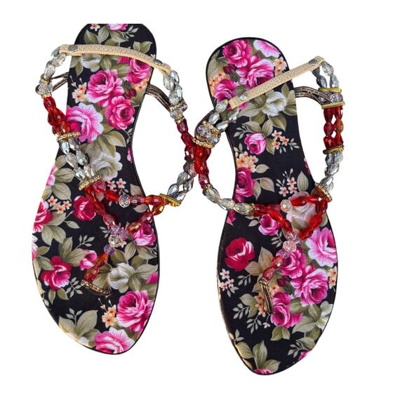 UGSA Beaded Sandals – Size 8‎ Floral Wrap Ankle Boho Red White Statement Shoes - Picture 3 of 5